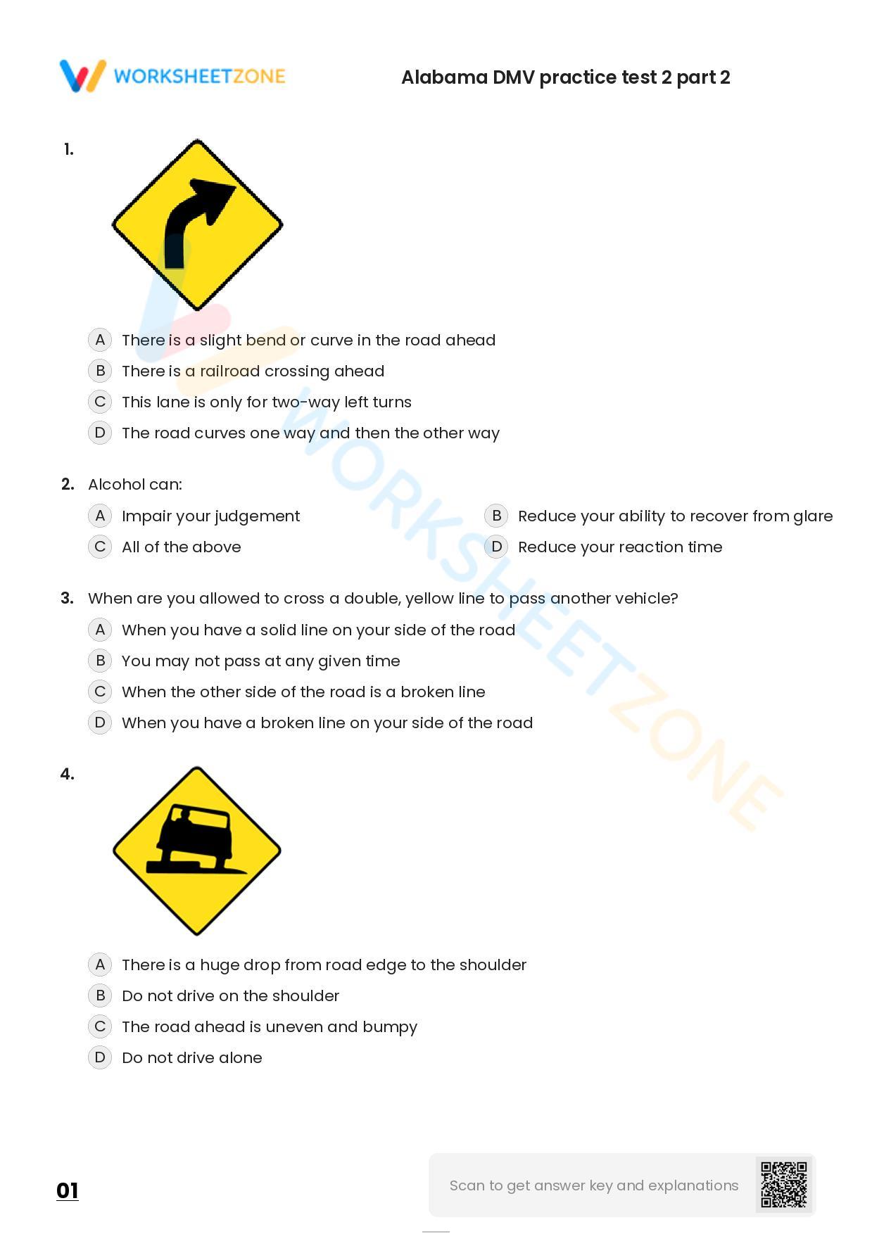 Free Printable Alabama DMV Practice Test 2 Part 2 Worksheet