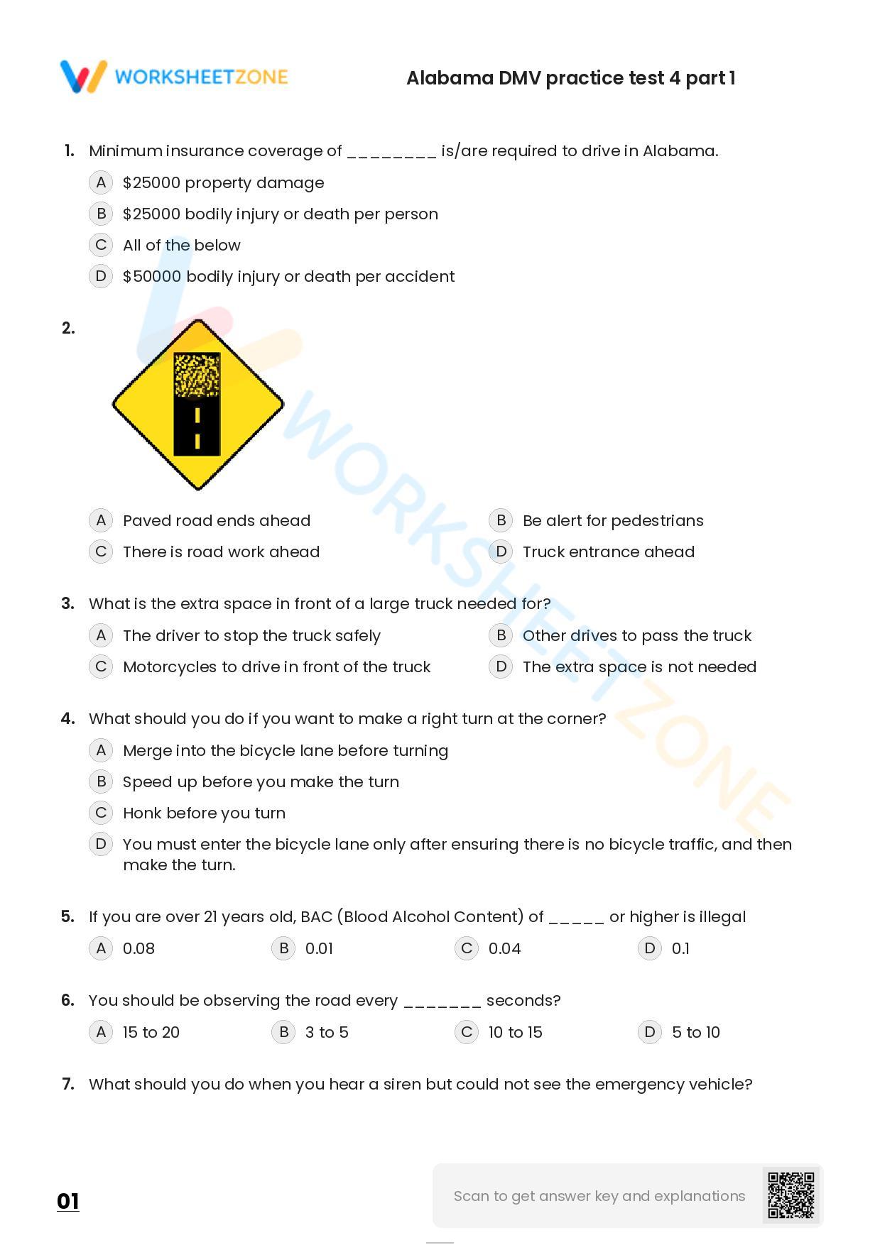 Free Printable Alabama DMV Practice Test 4 Part 1 Worksheet