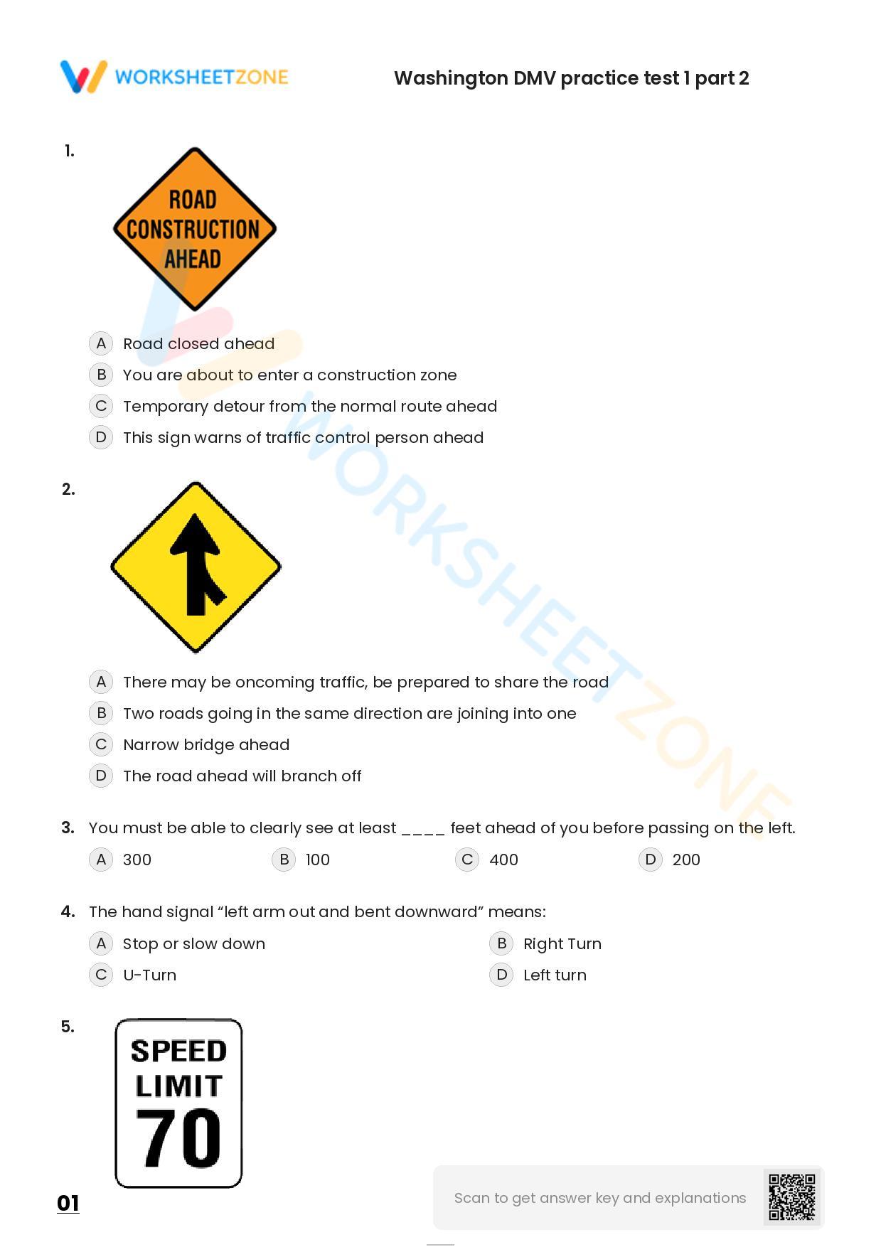 Free Printable Washington DMV Practice Test 1 Part 2 Worksheet