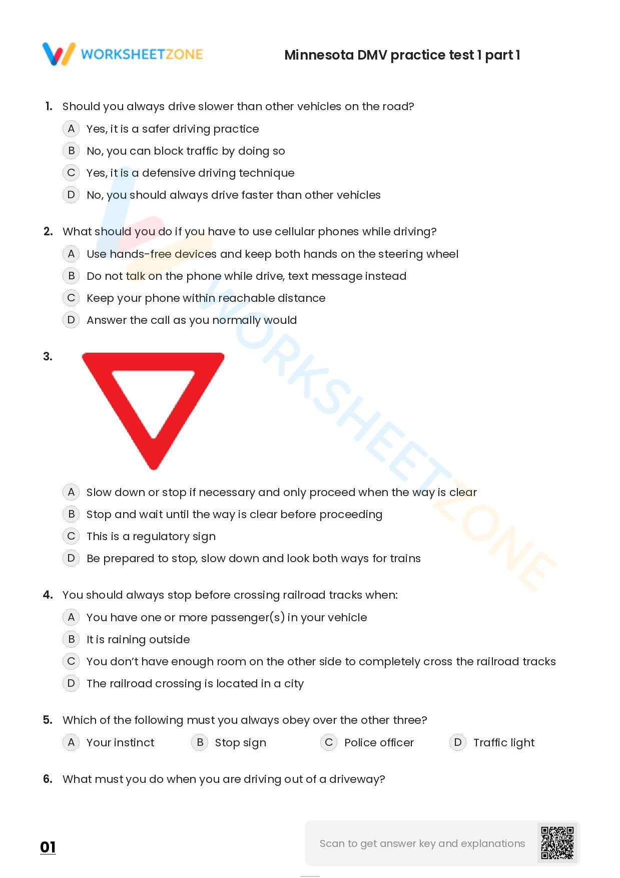 Free Printable Minnesota DMV Practice Test 1 Part 1 Worksheet