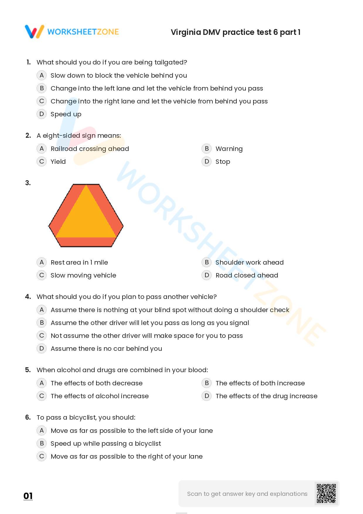 Free printable Virginia DMV practice test 6 Worksheet Zone