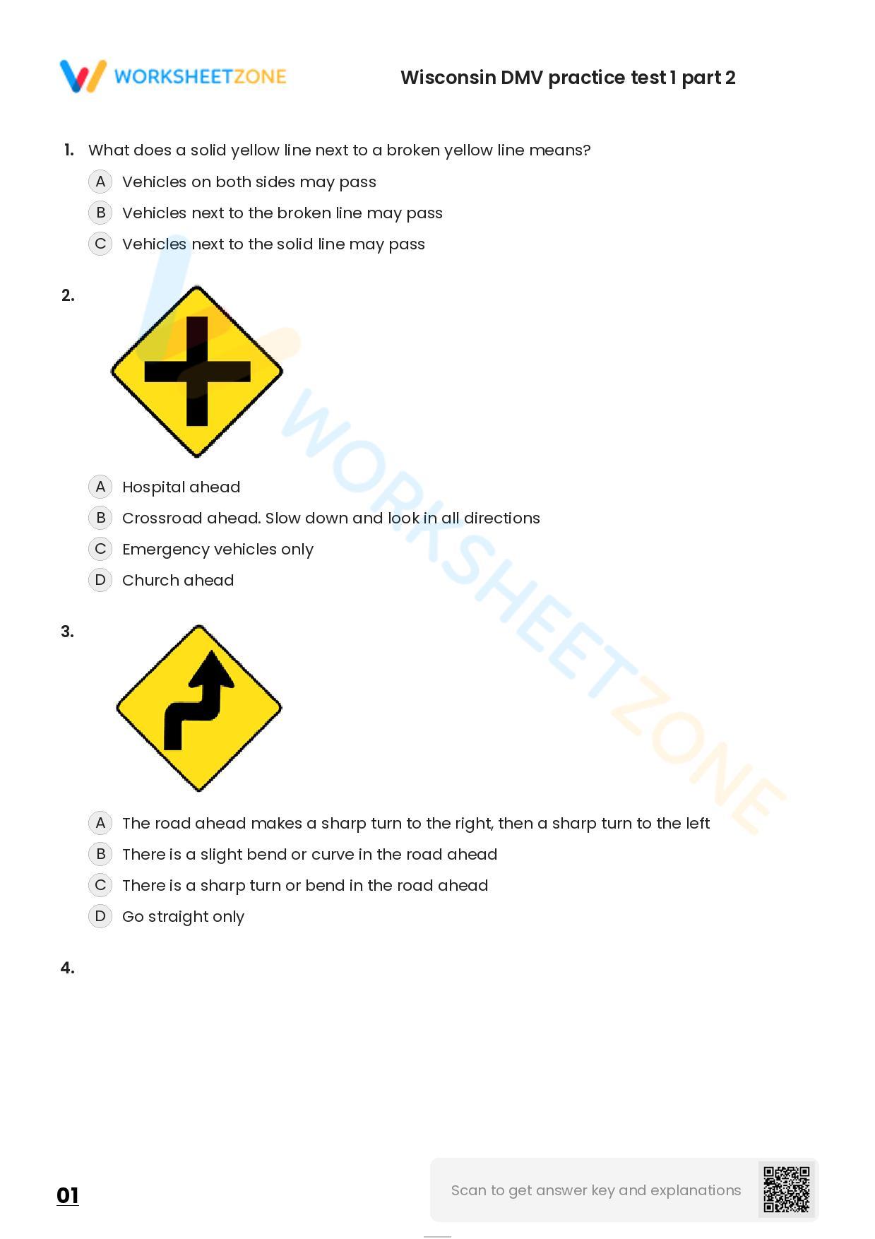 Free Printable Wisconsin DMV Practice Test 1 Part 2 Worksheet