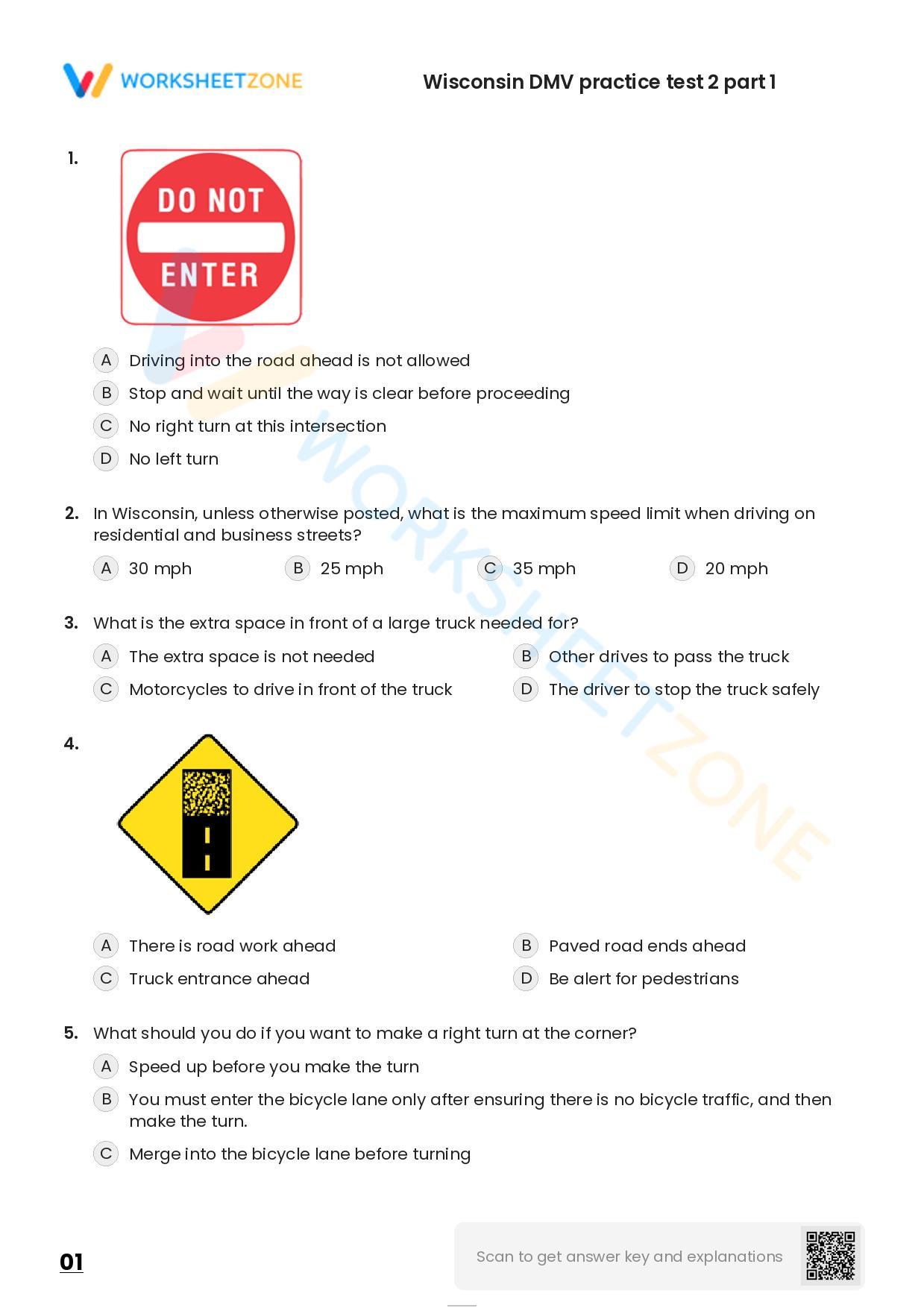Free Printable Wisconsin DMV Practice Test 2 Part 1 Worksheet
