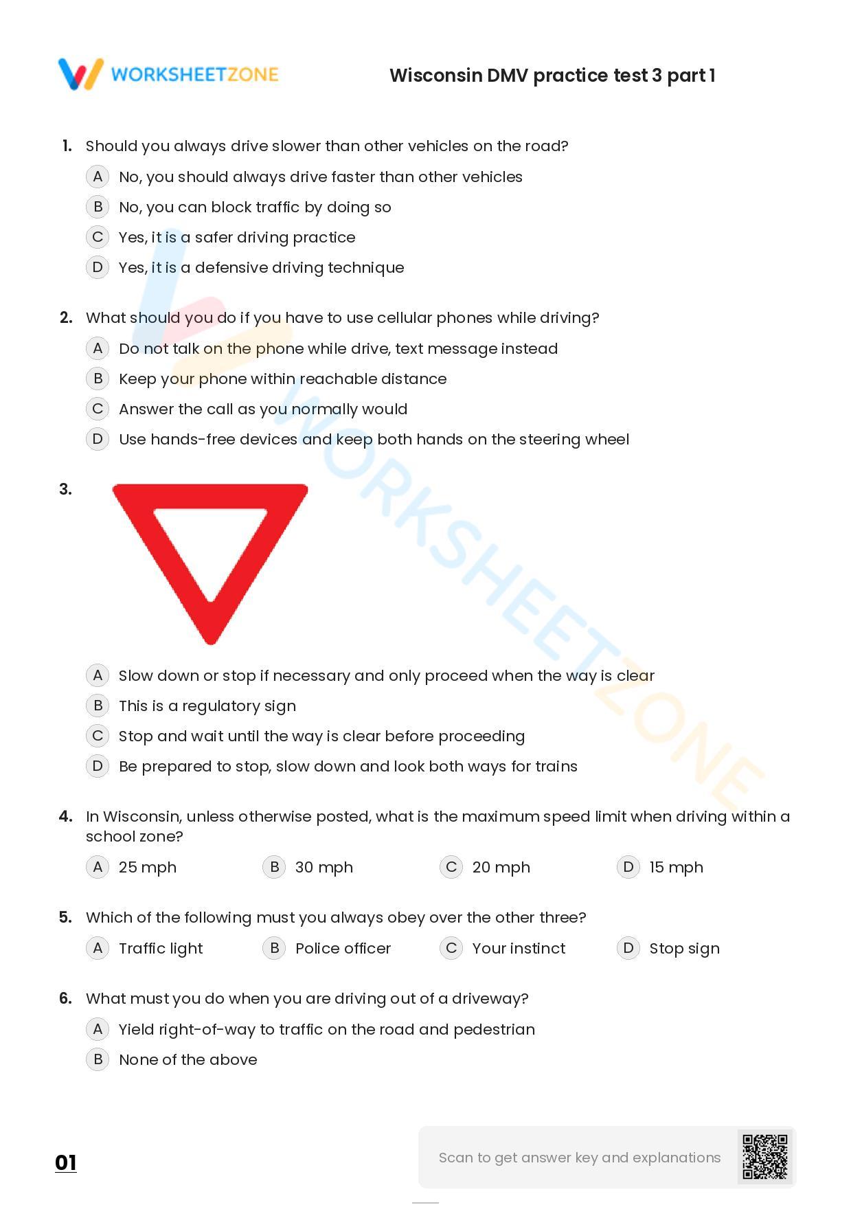 Free Printable Wisconsin DMV Practice Test 3 Part 1 Worksheet