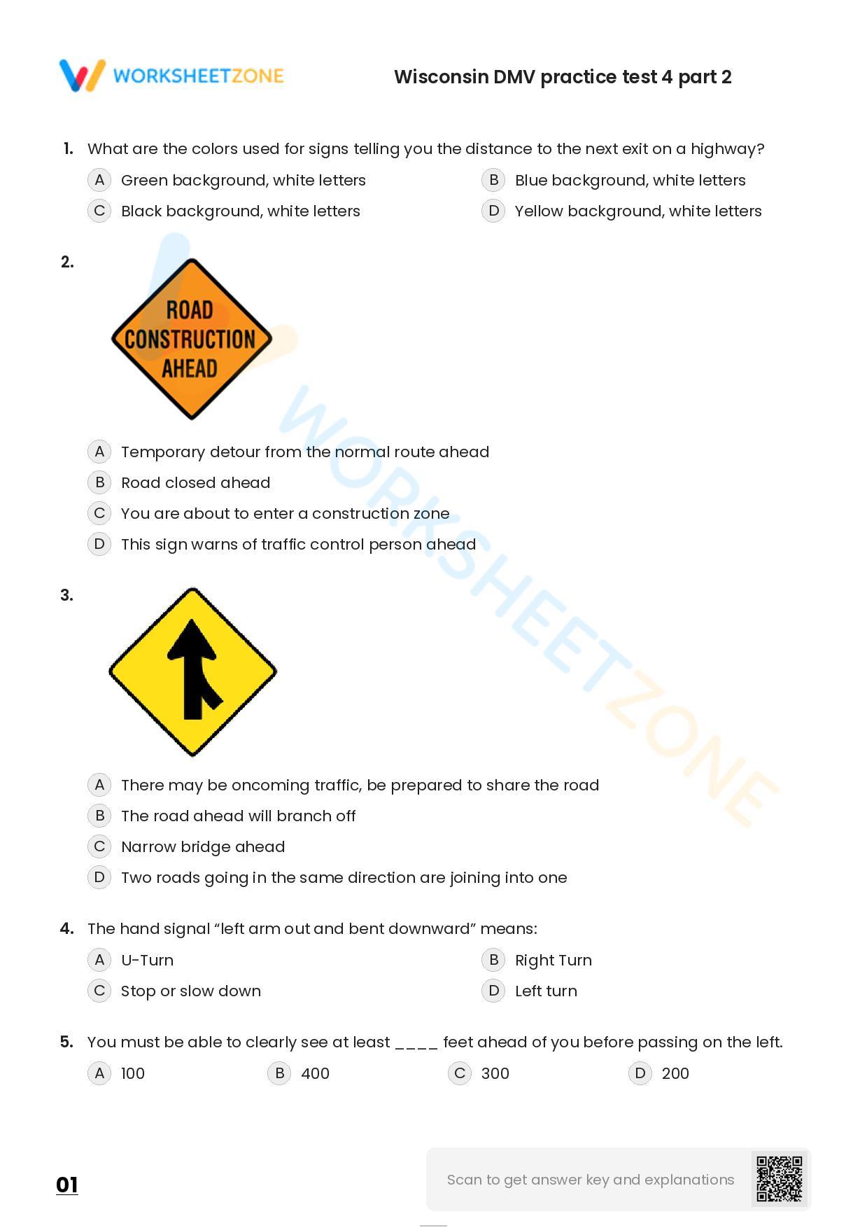 Free Printable Wisconsin DMV Practice Test 4 Part 2 Worksheet