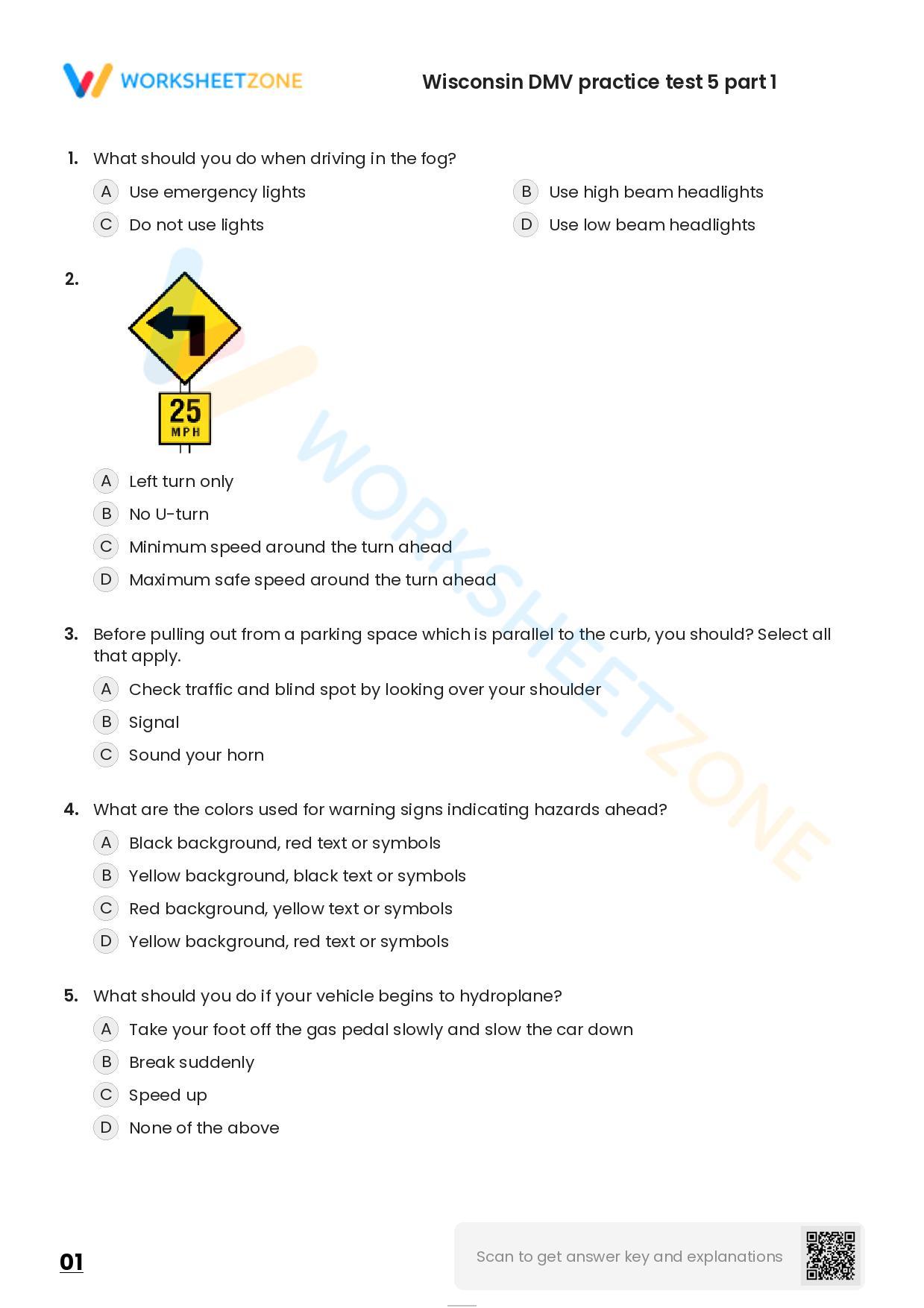 Free printable Wisconsin DMV practice test 5 part 2 Worksheet Zone