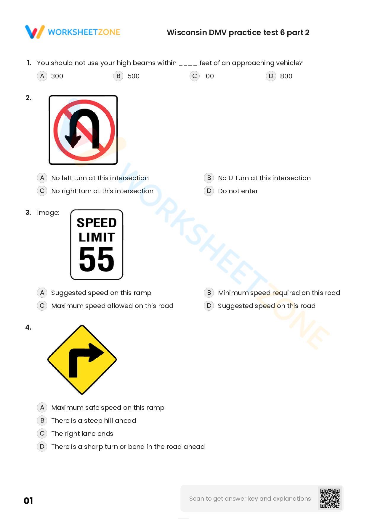 Free Printable Wisconsin DMV Practice Test 6 Part 2 Worksheet