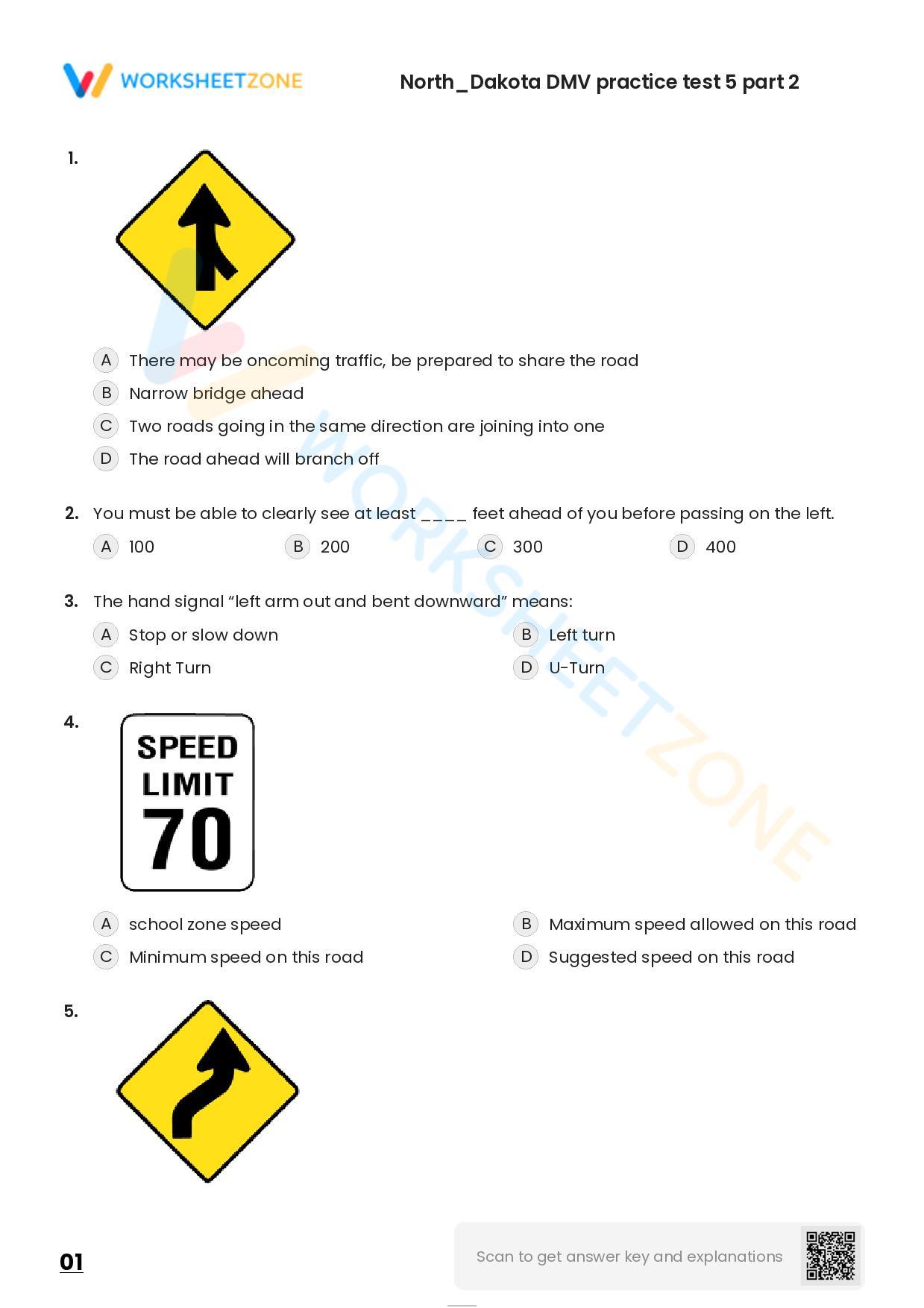 Free Printable North/Dakota DMV Practice Test 5 Part 2 Worksheet