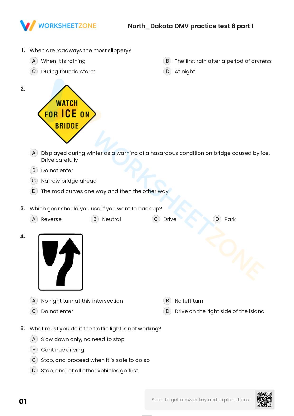 Free printable North/Dakota DMV practice test 6 part 1 Worksheet Zone