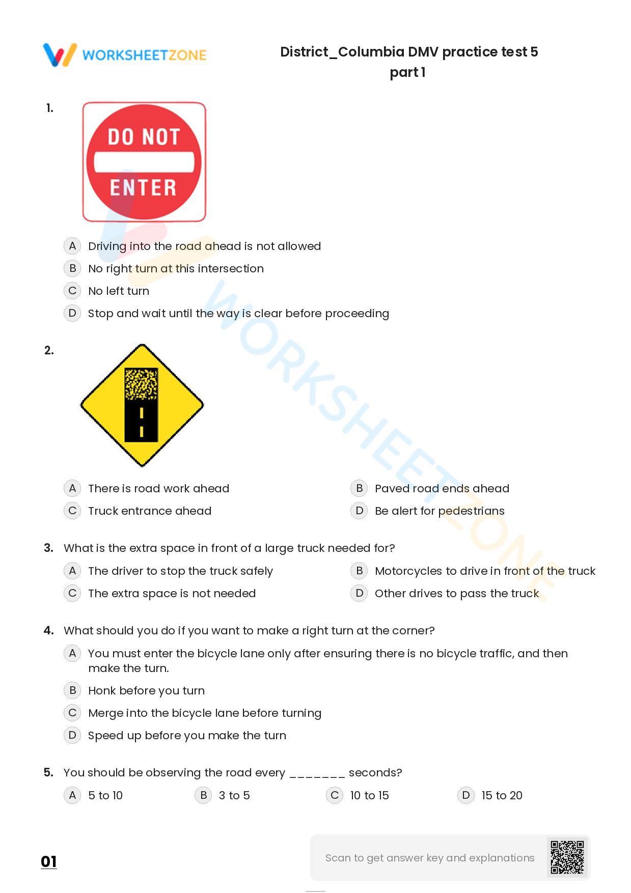 Free Printable District/Columbia DMV Practice Test 5 Part 1 Worksheet
