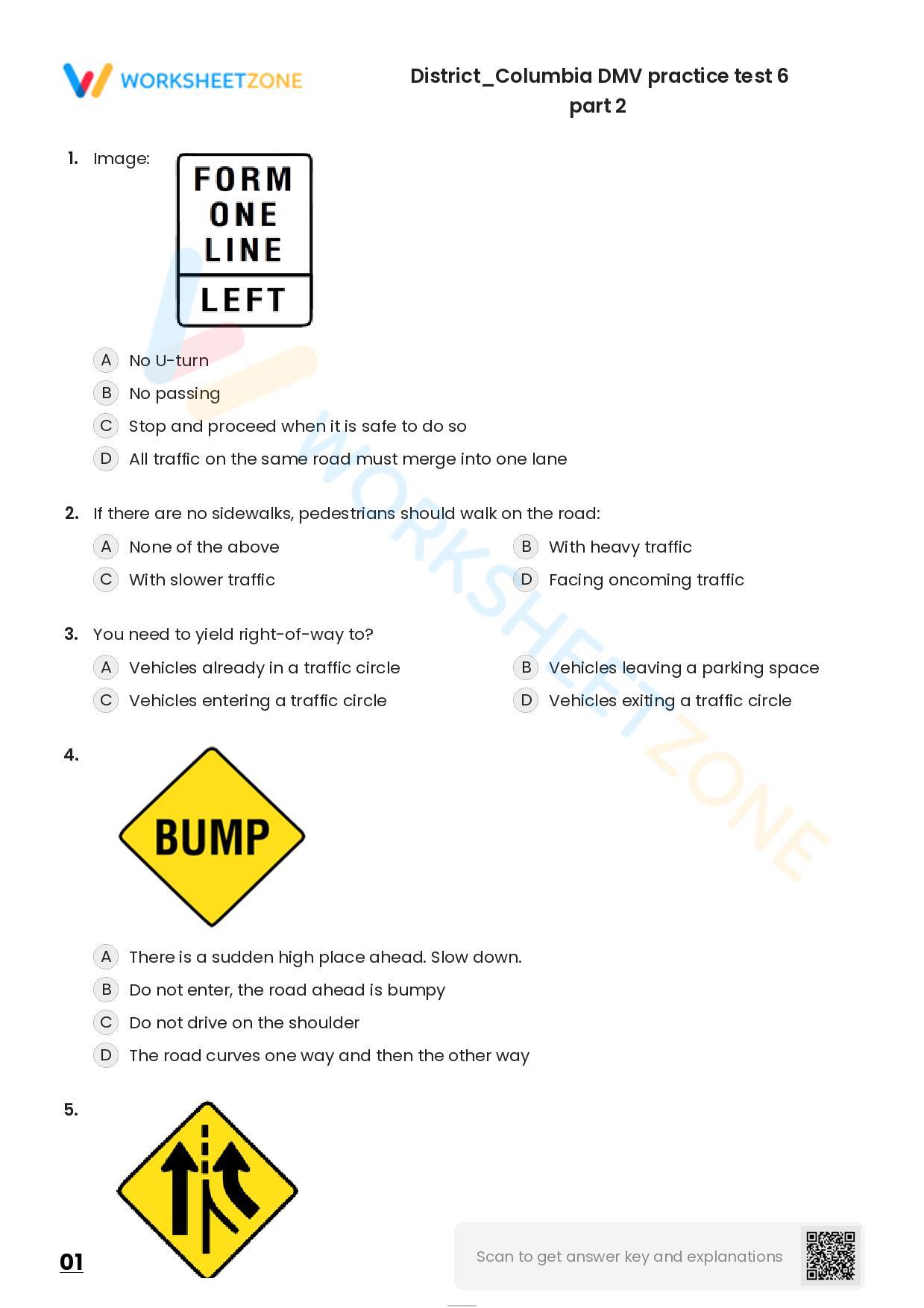 Free Printable District/Columbia DMV Practice Test 6 Part 2 Worksheet