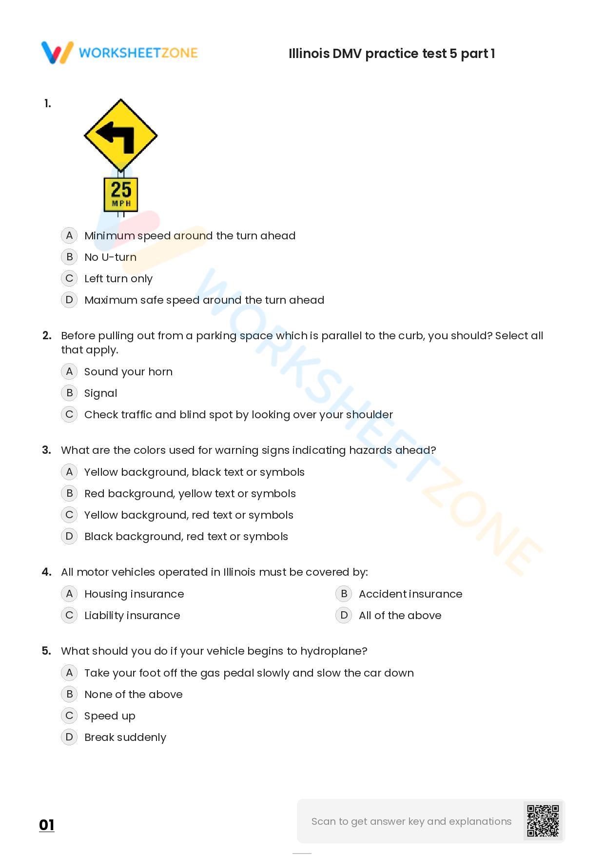 Free Printable Illinois DMV Practice Test 5 Part 1 Worksheet Free Printable Illinois DMV Practice Test 5 Part 1 Worksheet