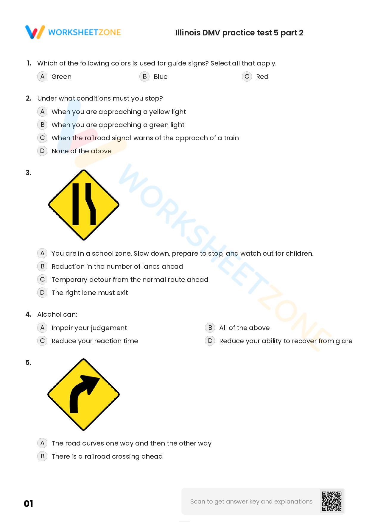 Free Printable Illinois DMV Practice Test 5 Part 2 Worksheet