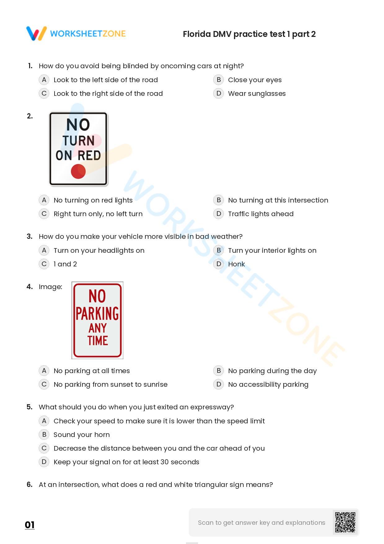 Free Printable Florida DMV Practice Test 1 Part 2 Worksheet Free Printable Florida DMV Practice Test 1 Part 2 Worksheet