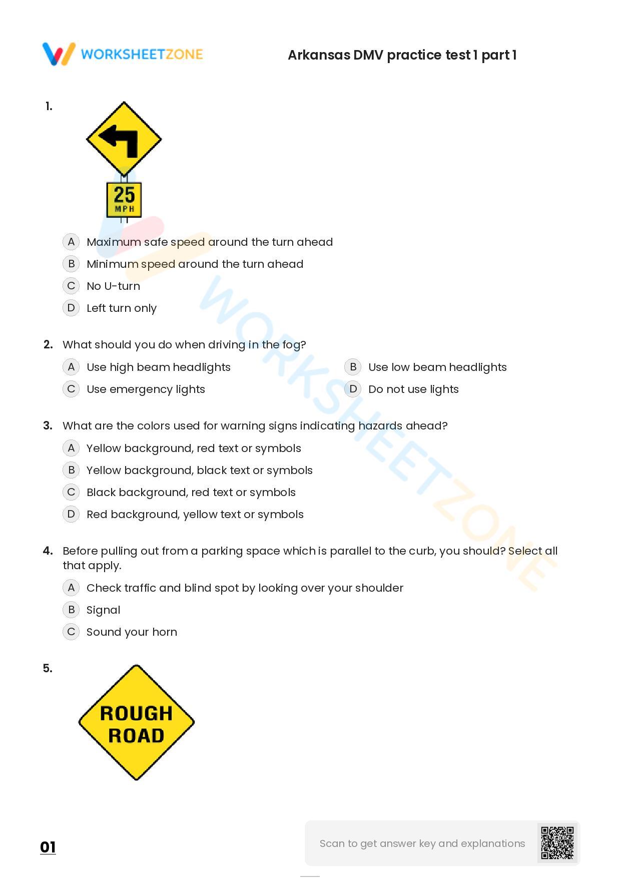 Free Printable Arkansas DMV Practice Test 1 Part 1 Worksheet