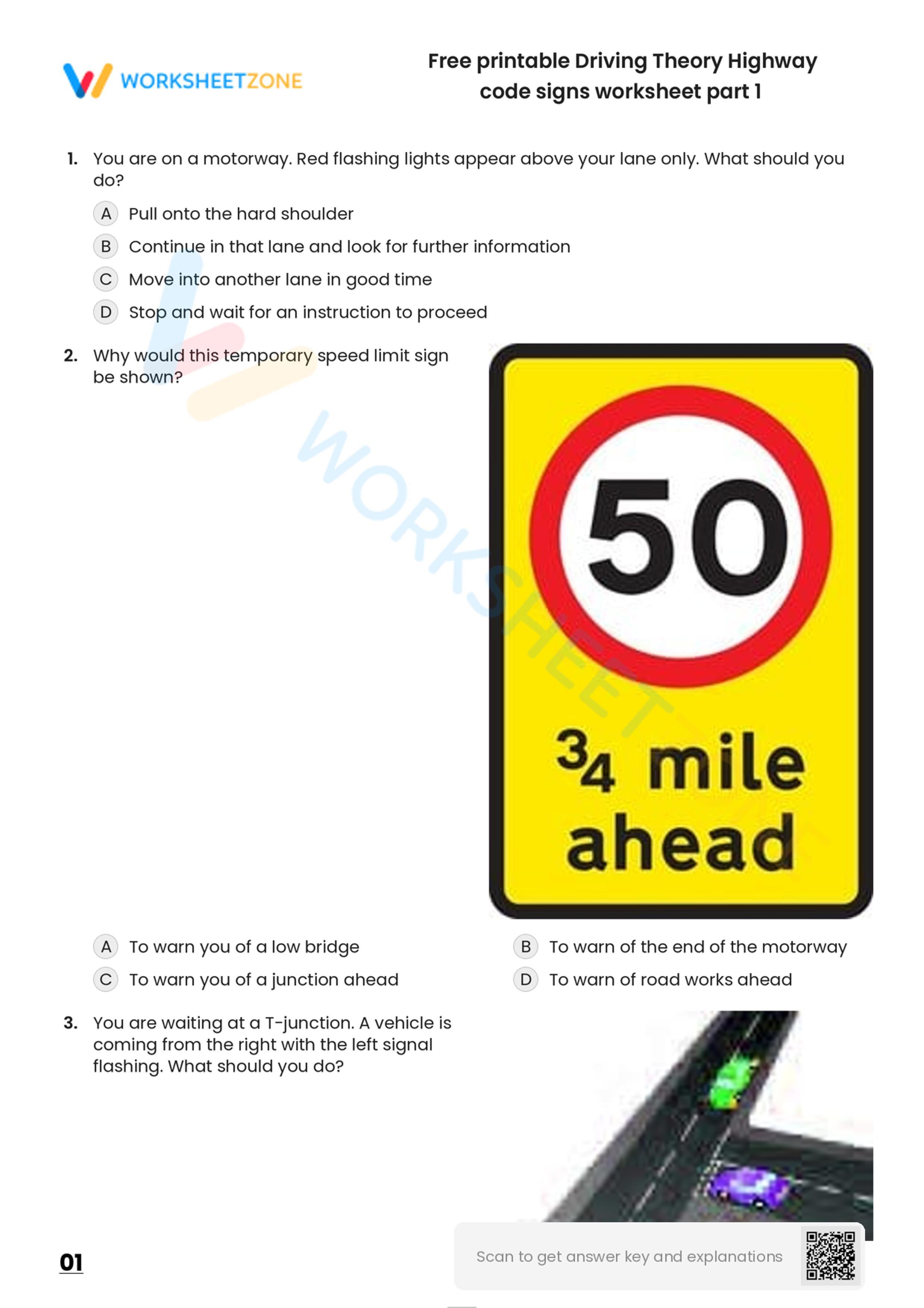 Free Printable Driving Theory Highway Code Signs Worksheet Part 1