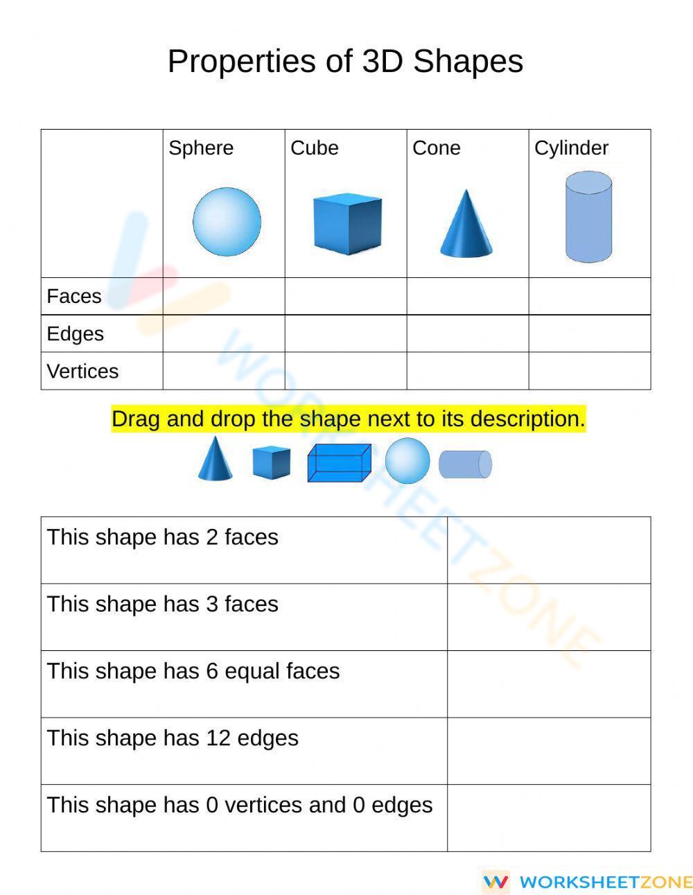 Properties of 3D Shapes Worksheet