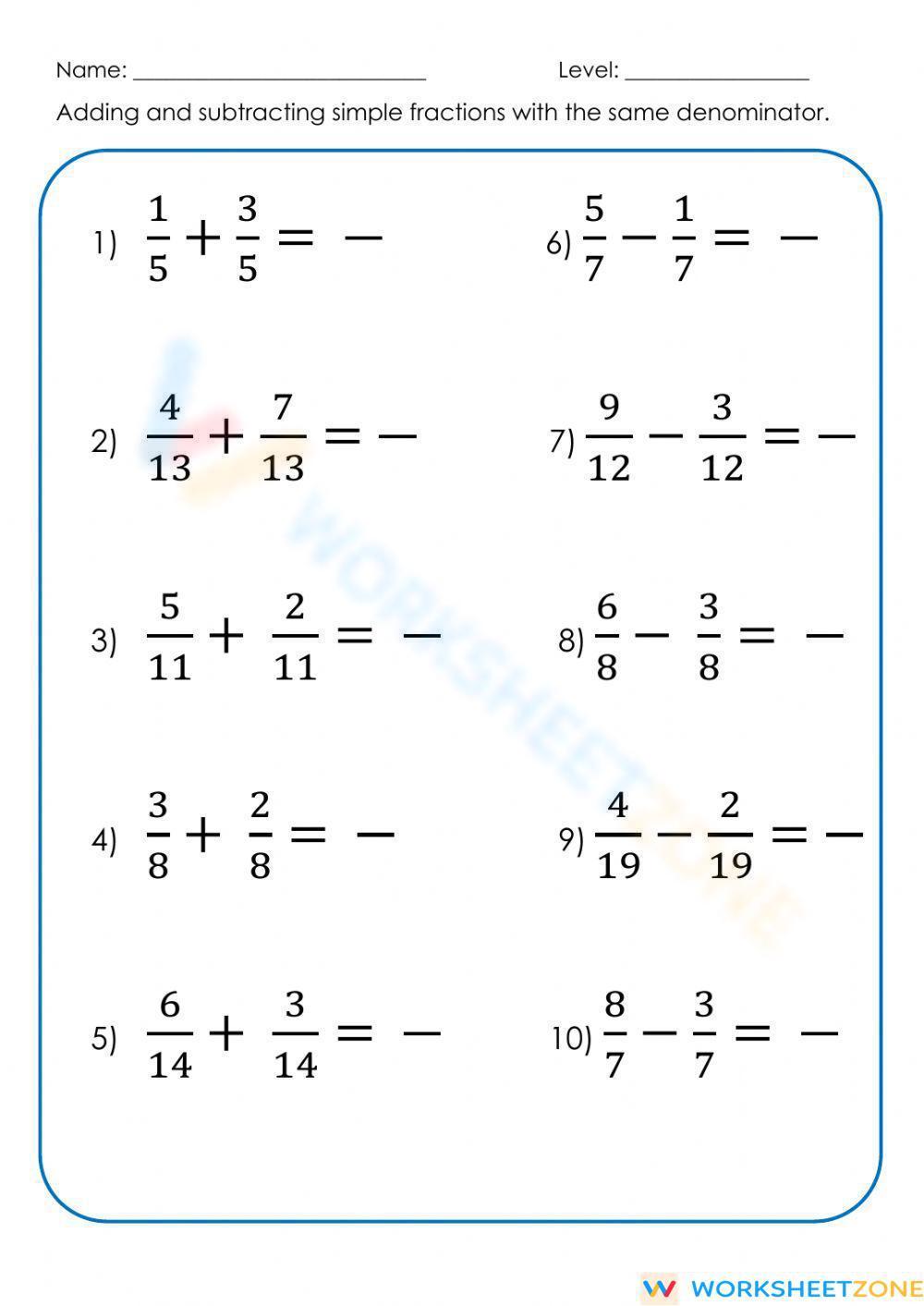 Addition And Subtraction Of Fractions Worksheet