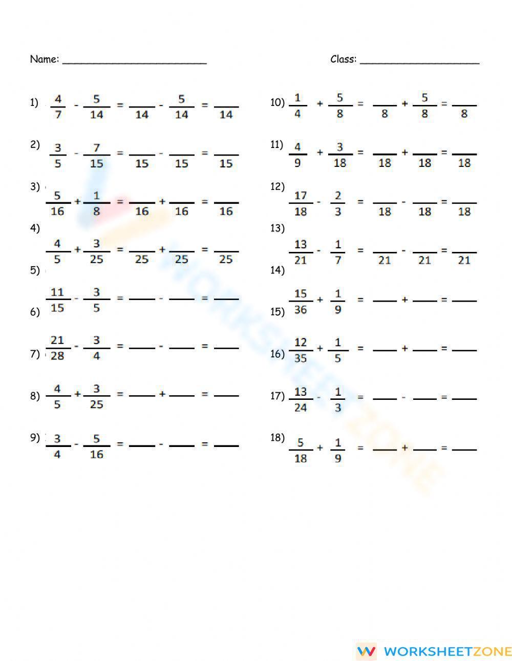 Adding And Subtracting Fractions With Different Denominator Worksheet