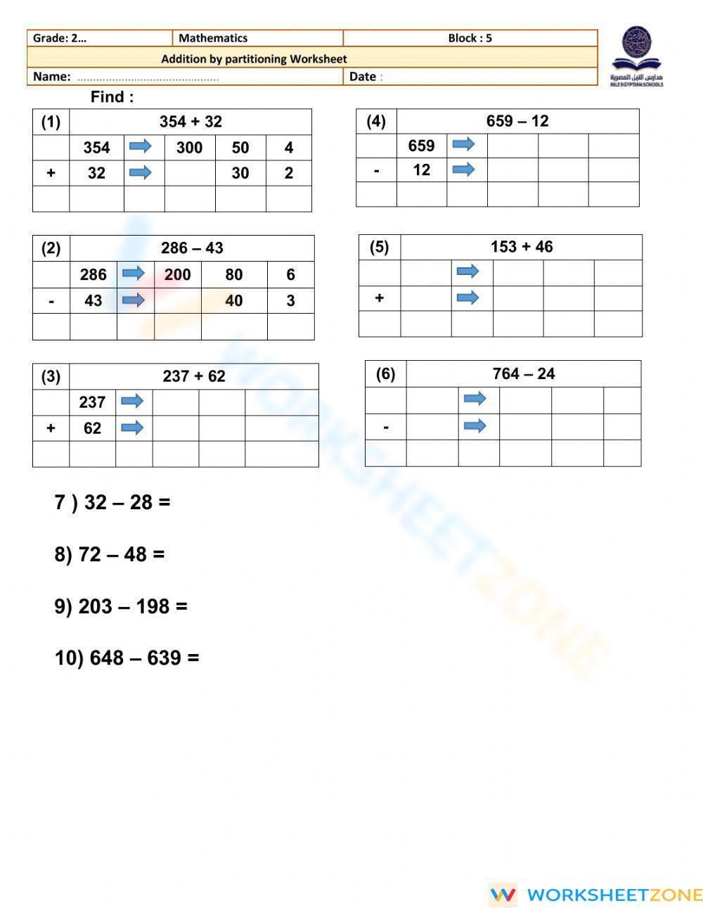 Addition and subtraction by partitioning worksheet