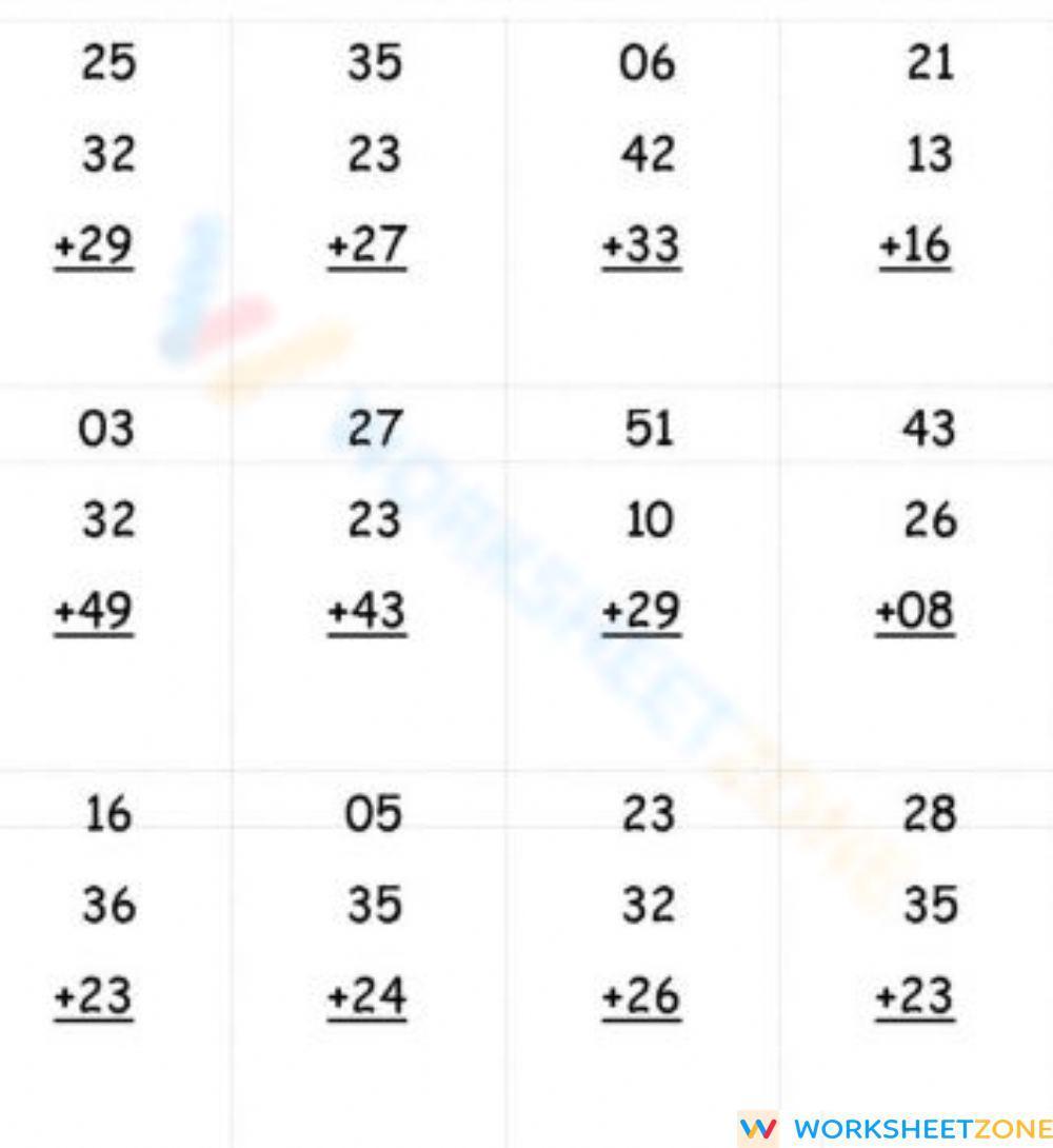 Adding Three 2 digit Numbers Worksheet