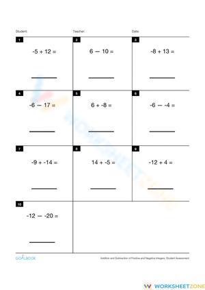 Adding Positive And Negative Numbers Benchmark Worksheet