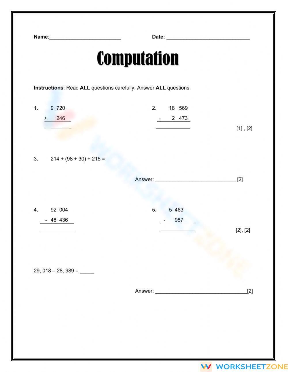 Adding And Subtracting Whole Numbers Worksheet Zone