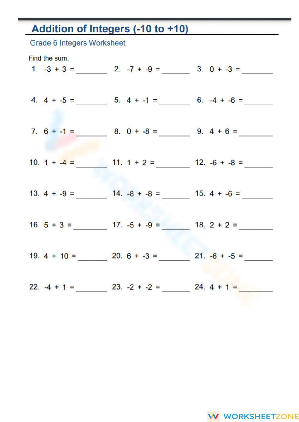Adding Integers Worksheet