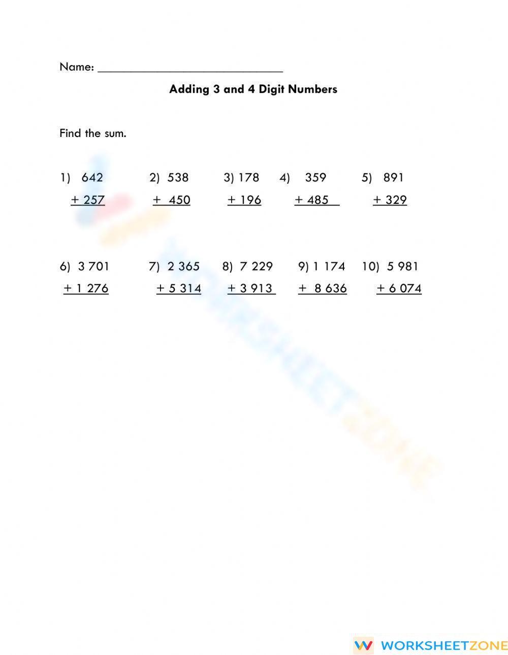adding 3 4 digit numbers worksheets