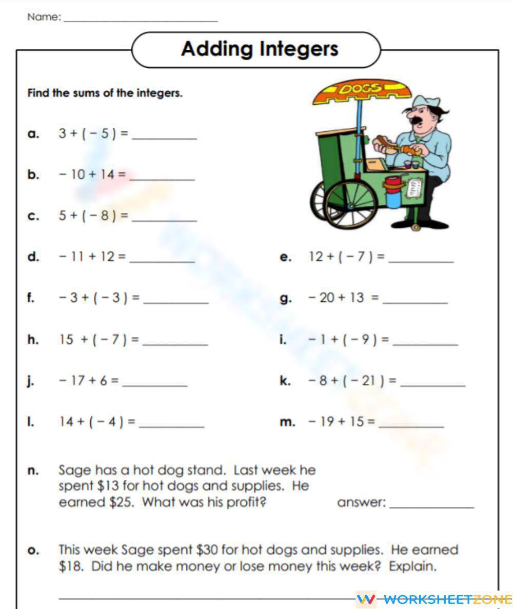 adding and subtracting integers worksheet