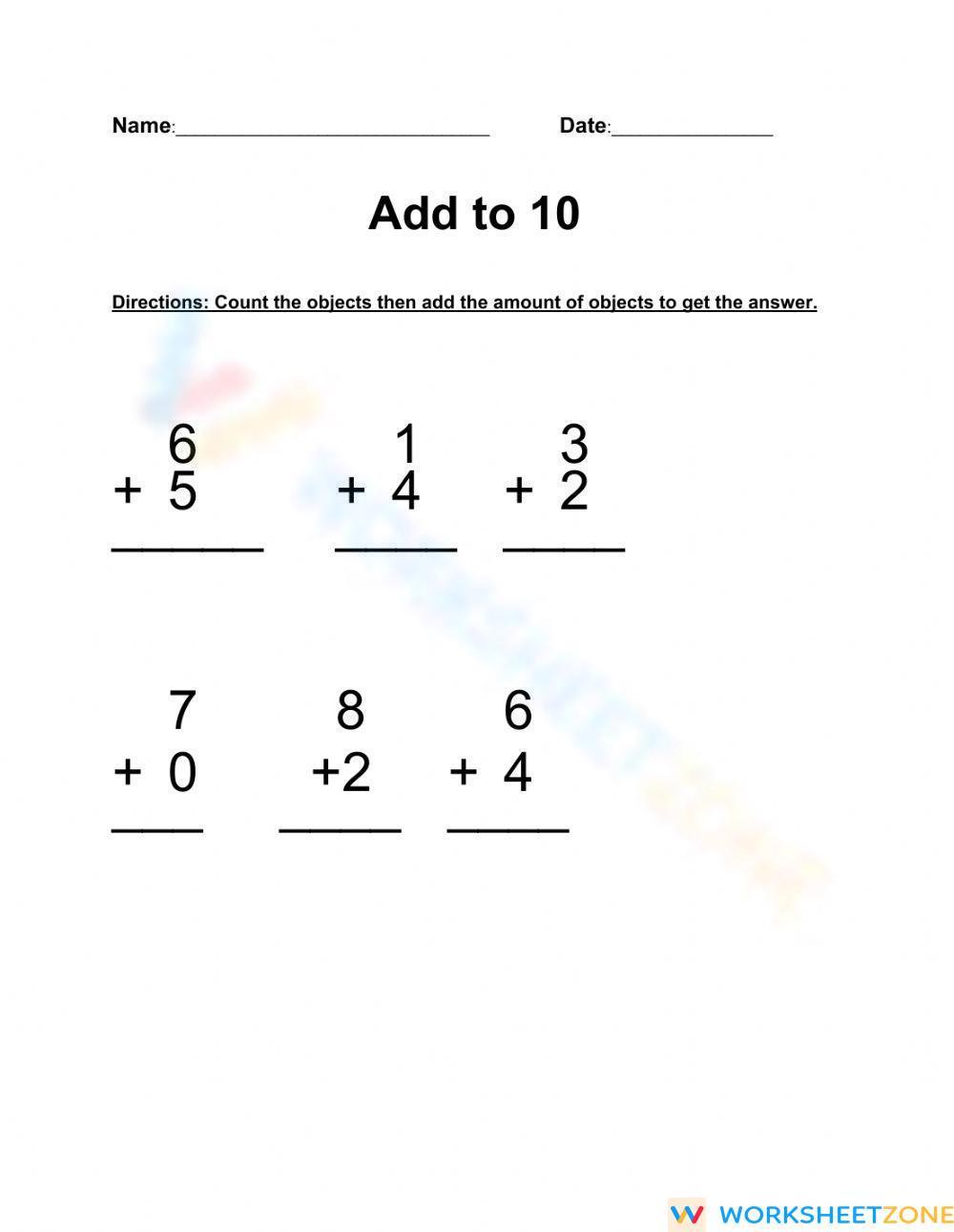 Add Up To 10 Worksheet