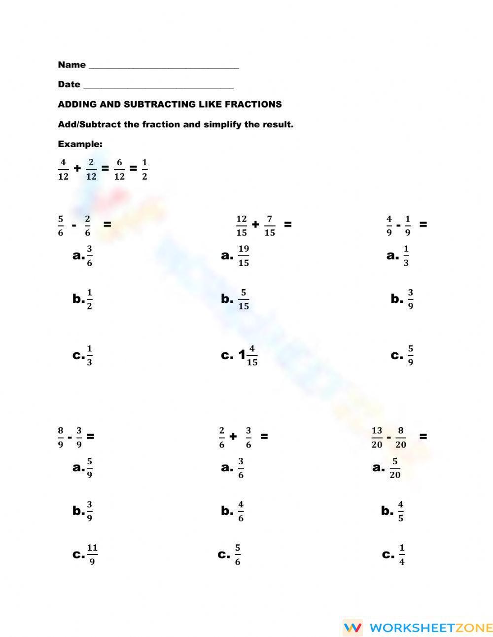 Adding And Subtracting Like Fractions Worksheet