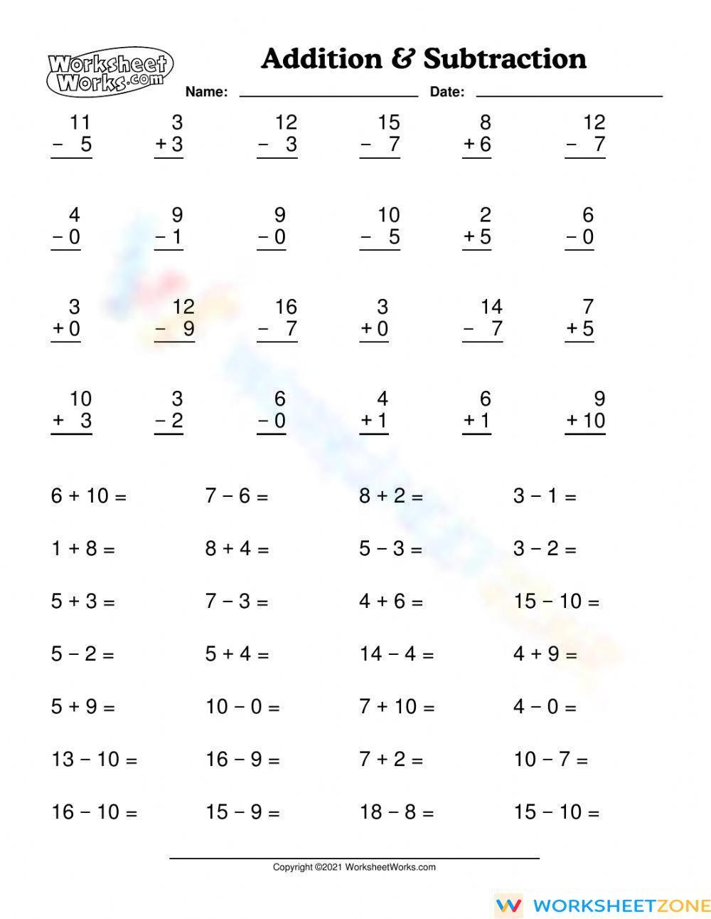 Addition And Subtraction Drill Worksheet 4308