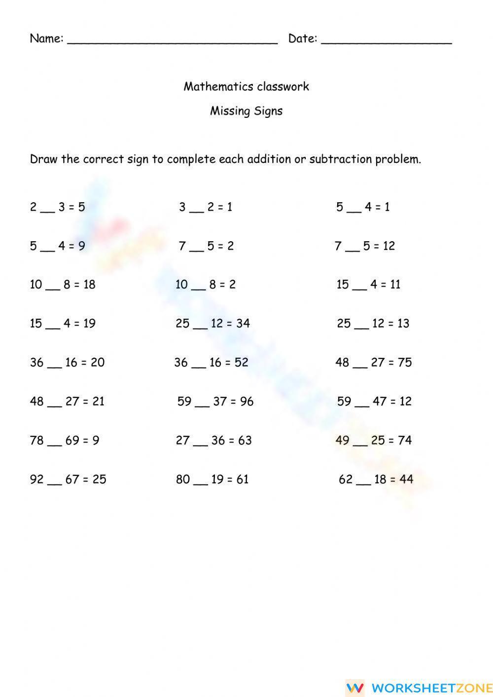 Missing Addition And Subtraction Sign Worksheet