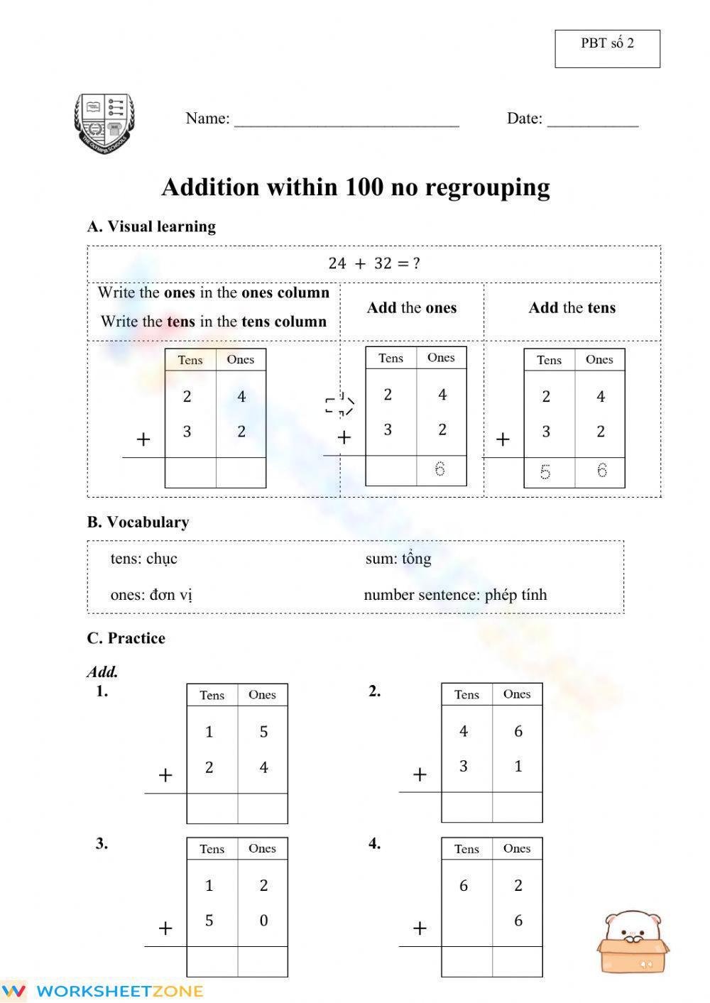 Addition within 100 no regrouping worksheet