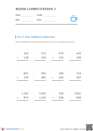 Printable Math Computation 2 Assessment | Grade 4 Aligned Worksheets