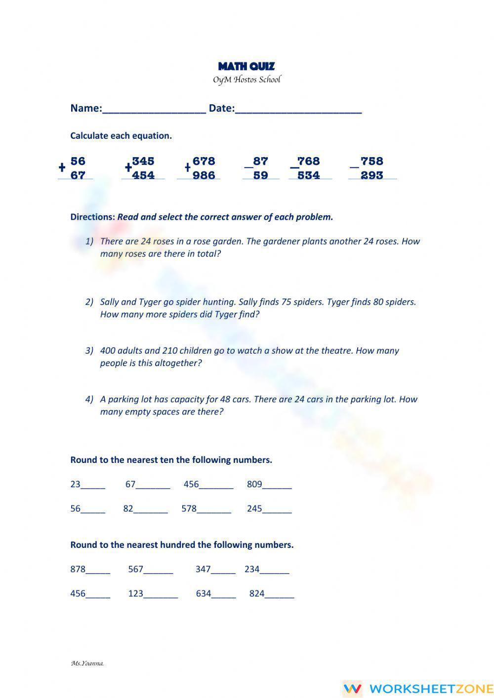 math worksheet quiz