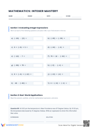Essential Integer Mastery Worksheet | Grade 7 Math Aligned