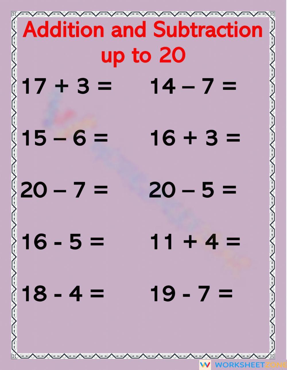 Addition And Subtraction To 20 Set 9 Worksheet