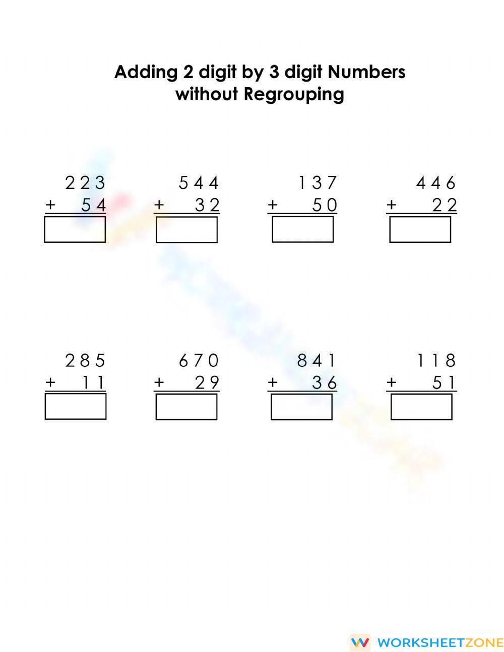 Adding 2 Digit By 3 Digit Numbers Worksheet