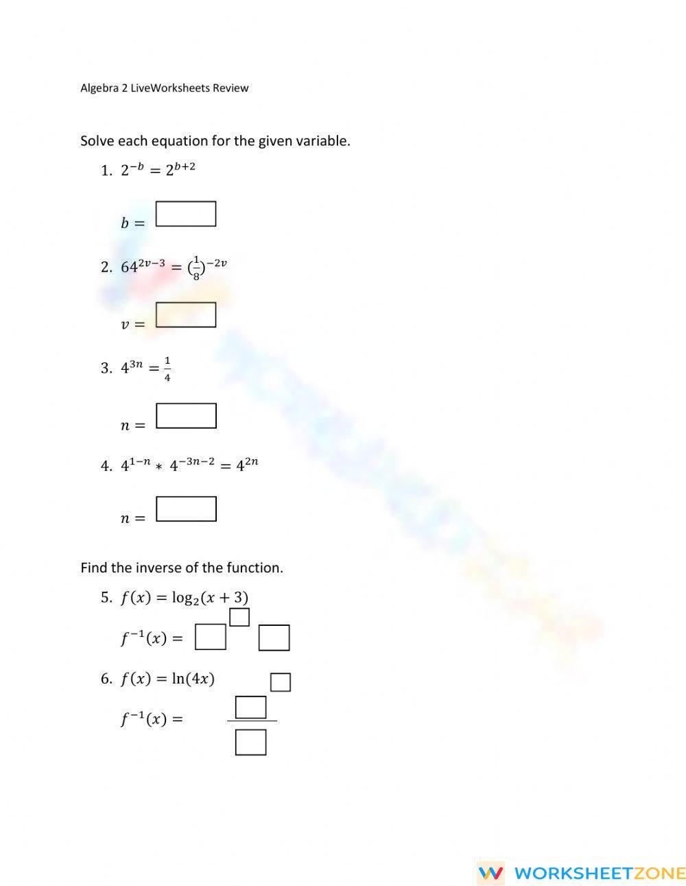 Logarithms And Exponential Equations Review Worksheet Logarithms And Exponential Equations Review Worksheet