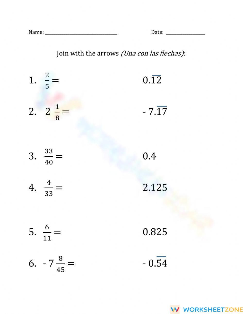 Fractions To Decimals 1 Worksheet Zone