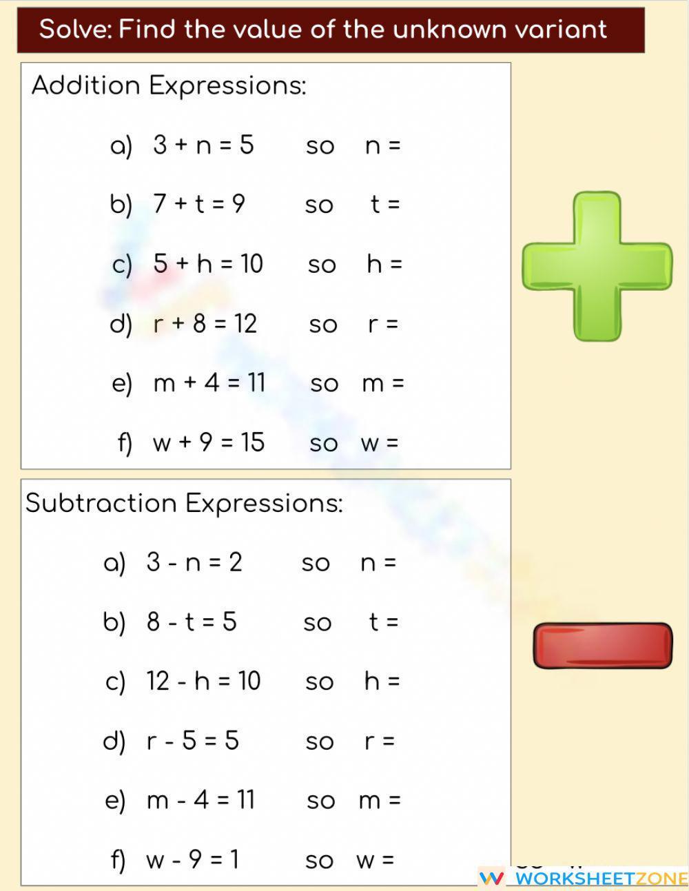 Missing Variable Addition Subtraction Worksheet