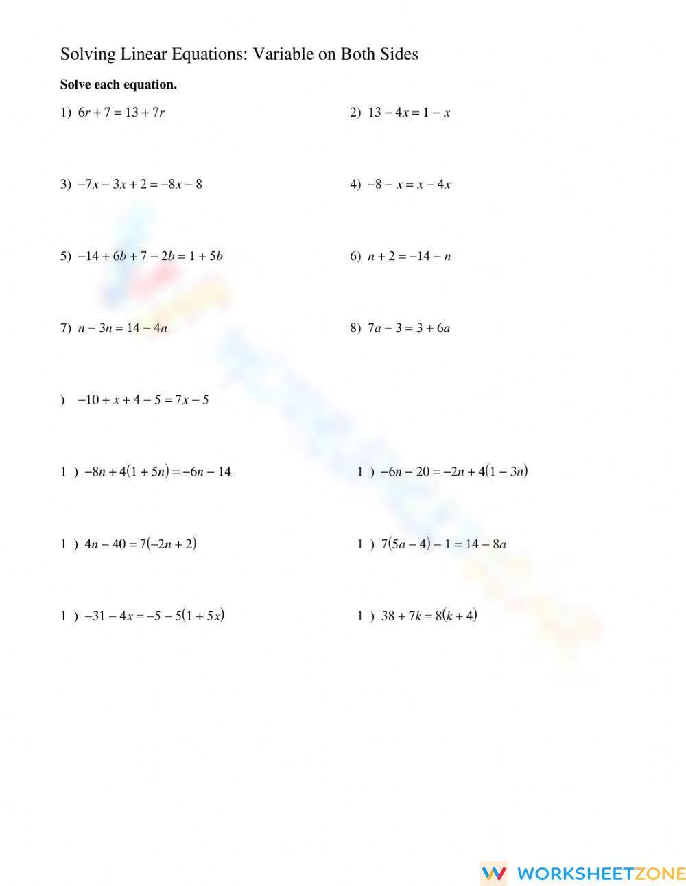 Solving Linear Equations With Variables On Both Sides Worksheet