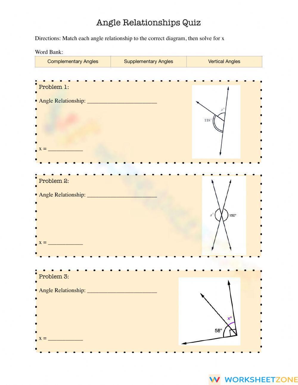 Angle Relationships Quiz Worksheet 9253