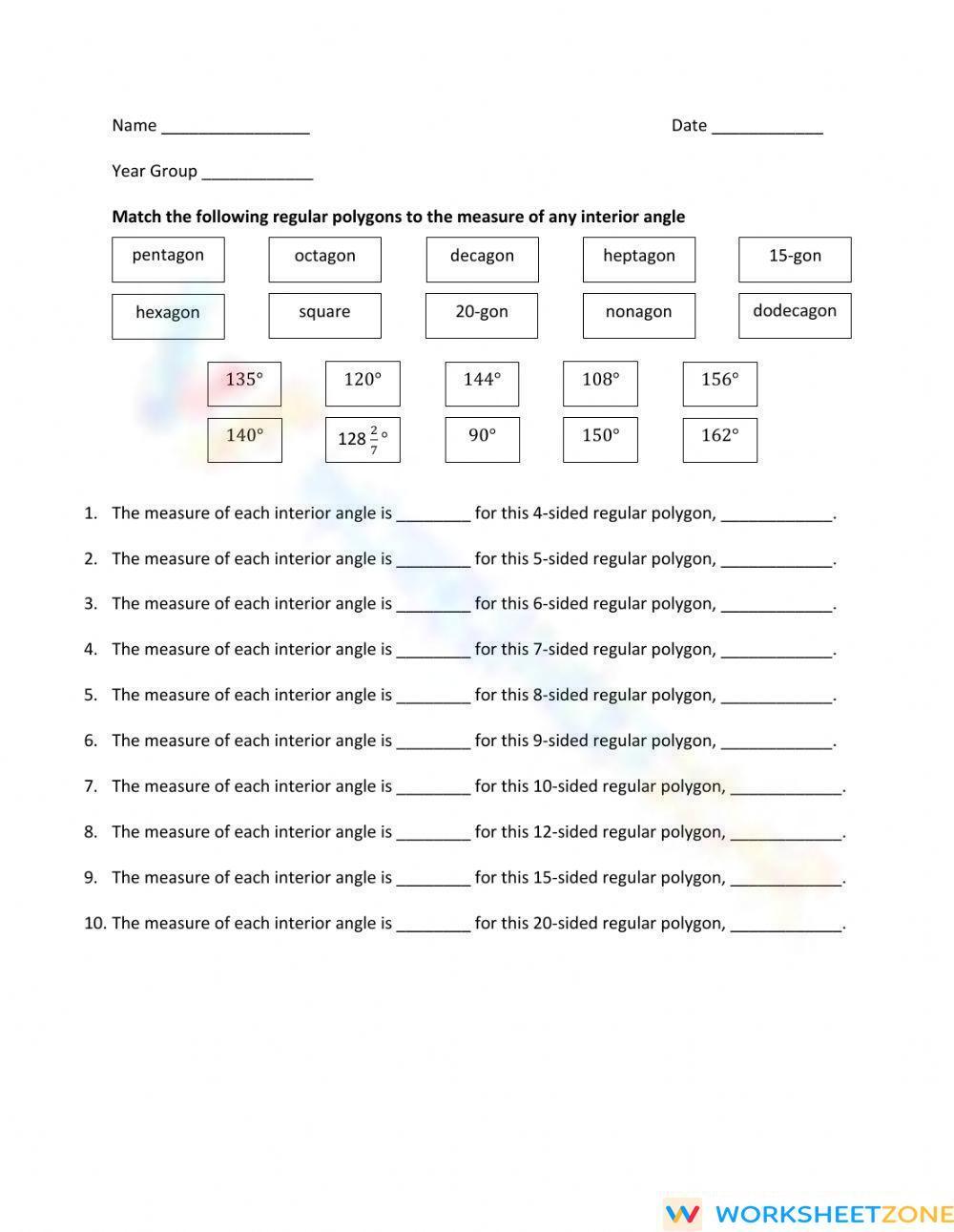 Finding Angles in Regular Polygons Worksheet