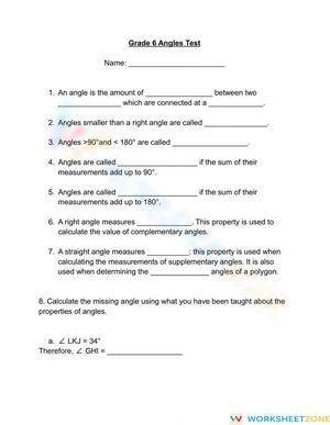 Grade 6 Angles Test Worksheets