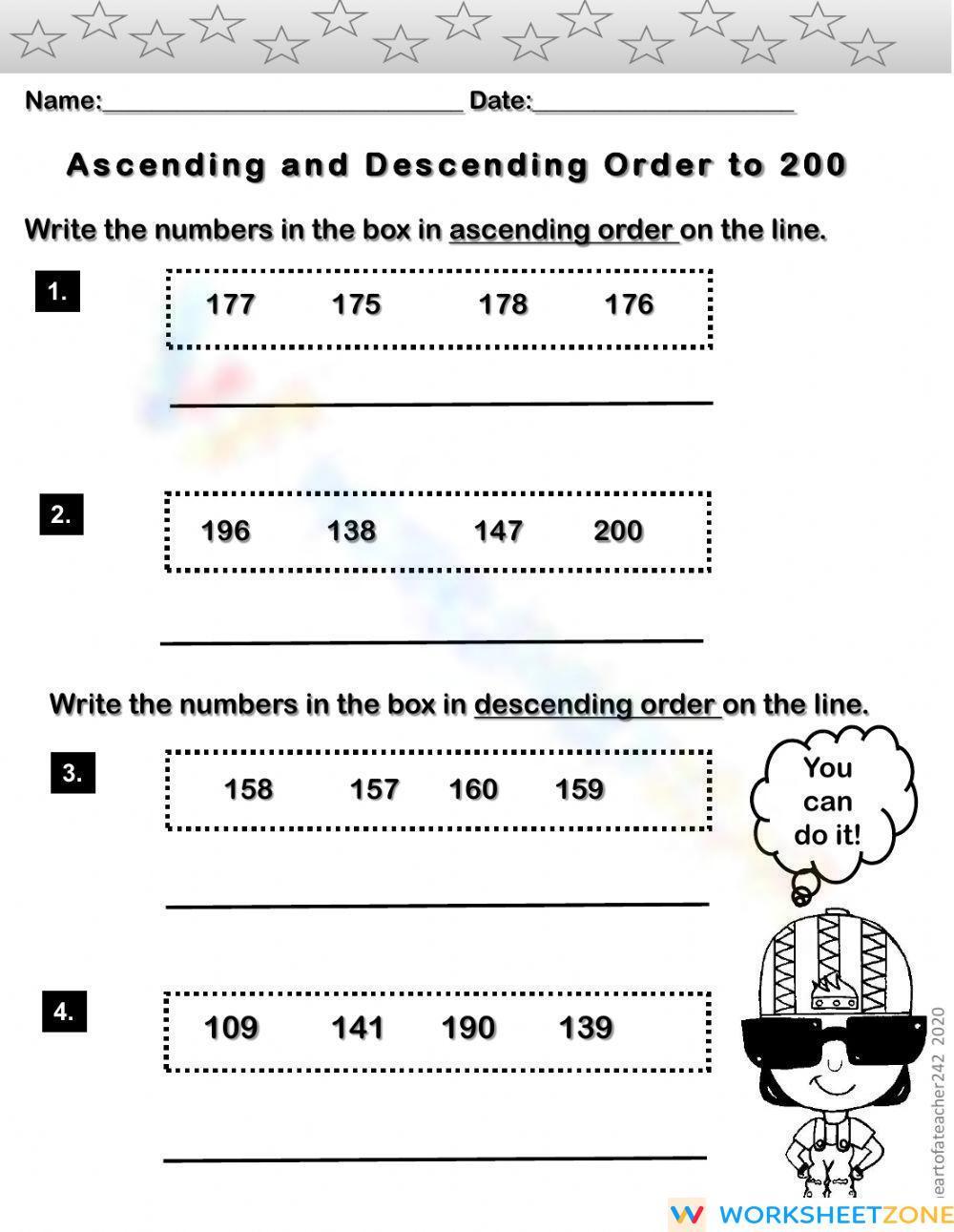 Ascending And Descending Order To 200 Worksheet 5104