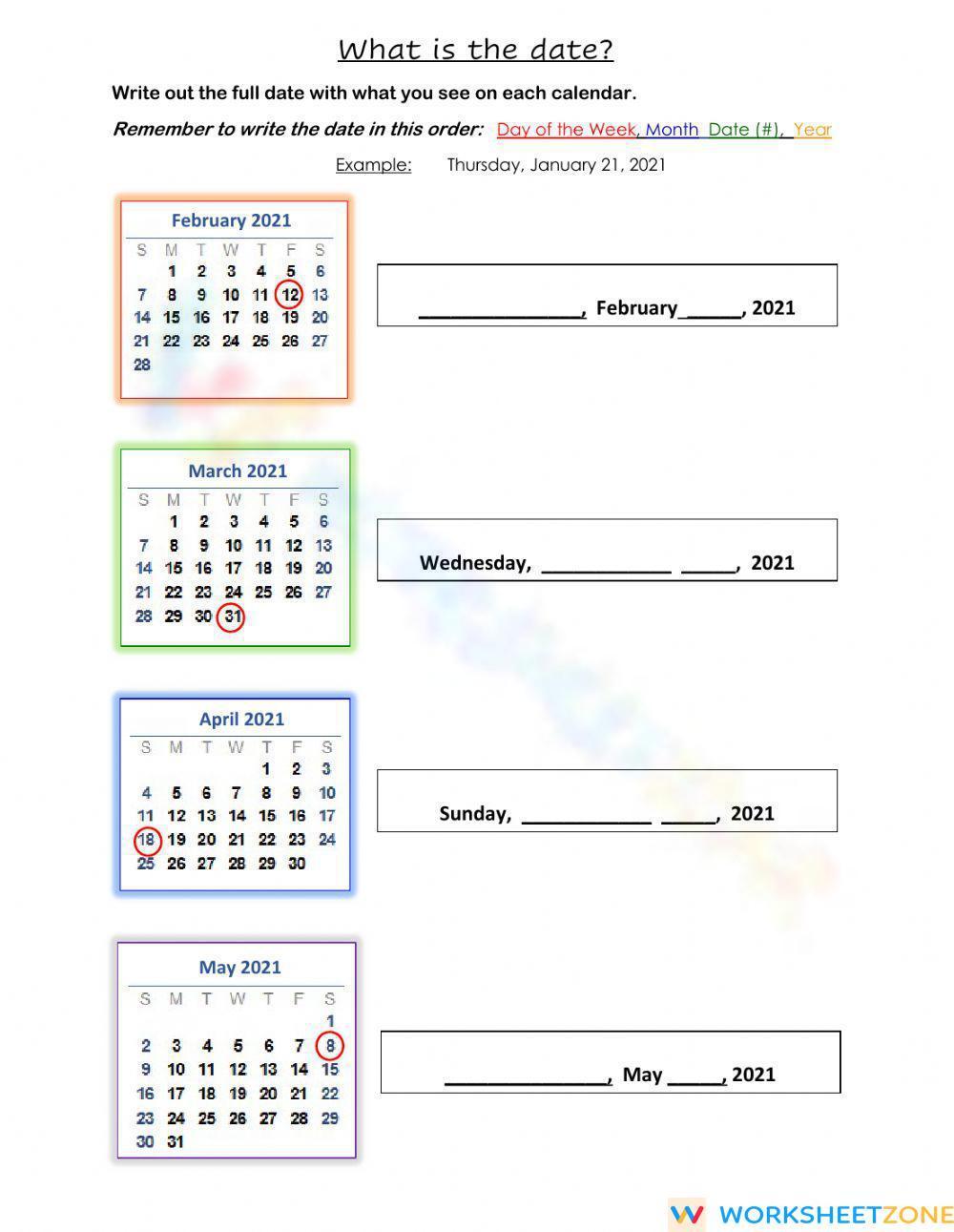 Calendar Date Fill in the Blanks Worksheet Zone