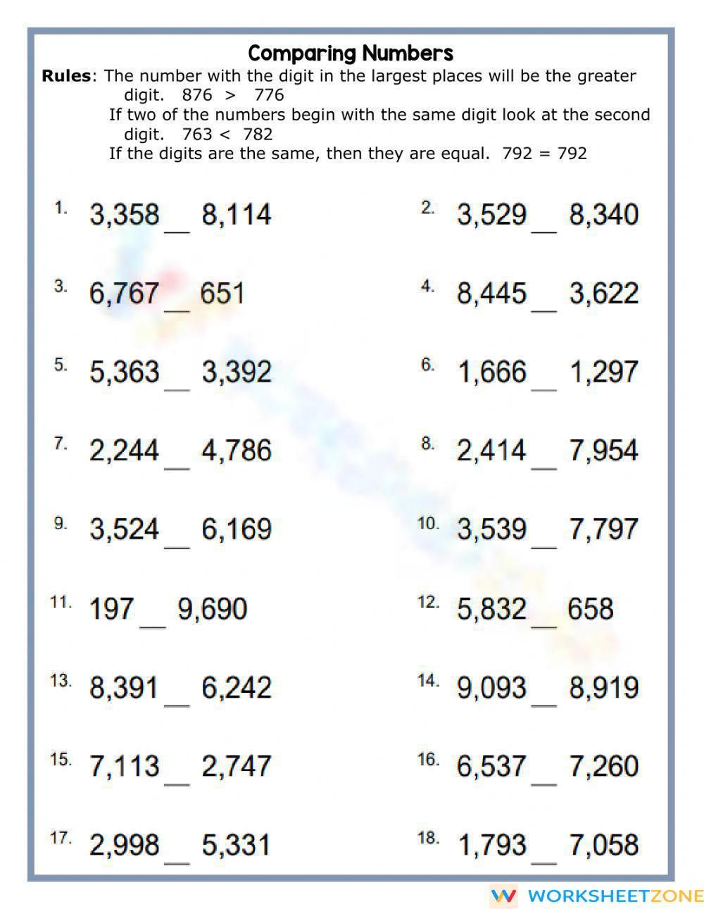 Comparing Numbers To 50 Worksheet